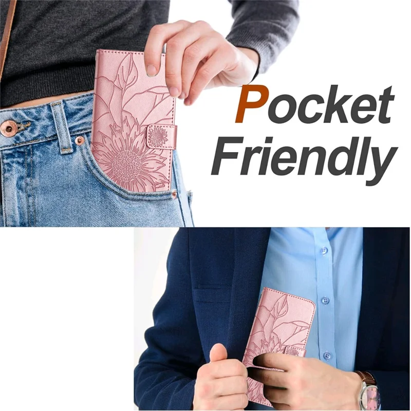 For iPhone 17e / 16e Case Sunflower Imprinted Wallet Stand Folio Flip Leather Cover - Rose Gold