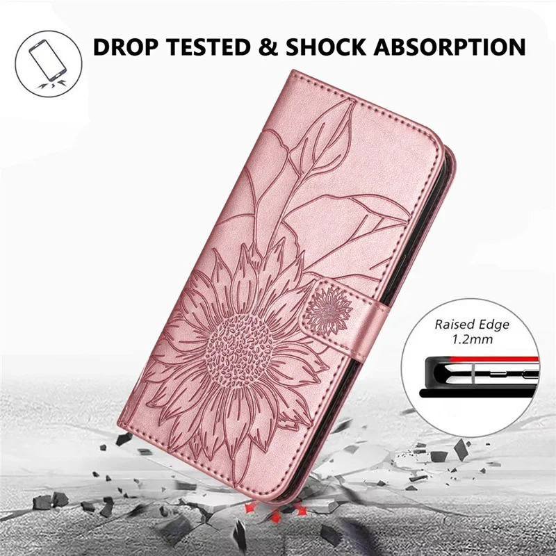 For iPhone 17e / 16e Case Sunflower Imprinted Wallet Stand Folio Flip Leather Cover - Rose Gold