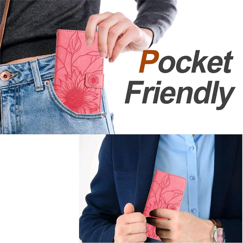 Fodral för iPhone 16e med tryckt solros, plånbok, ställfunktion, flip, läder - Rosa