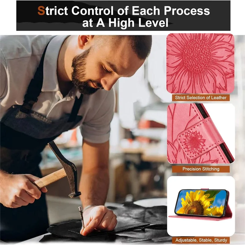 Fodral för iPhone 16e med tryckt solros, plånbok, ställfunktion, flip, läder - Rosa