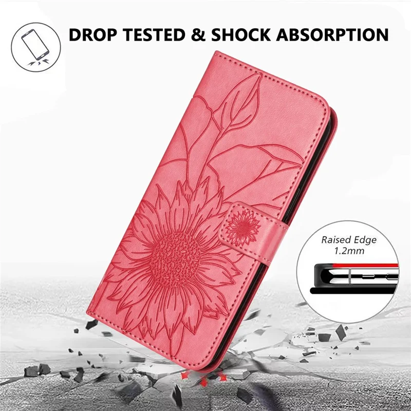 Fodral för iPhone 16e med tryckt solros, plånbok, ställfunktion, flip, läder - Rosa