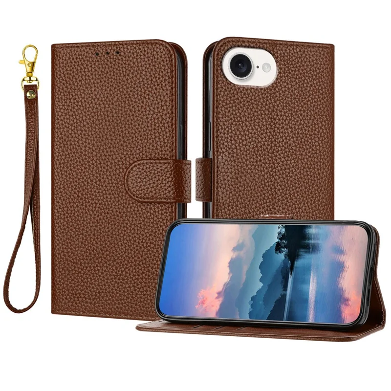 For iPhone 17e / 16e Leather Case Litchi Texture Wallet Stand Anti Drop Phone Cover with Wrist Strap - Brown