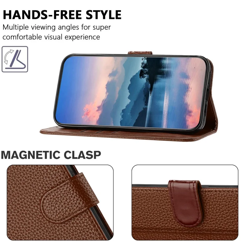 For iPhone 17e / 16e Leather Case Litchi Texture Wallet Stand Anti Drop Phone Cover with Wrist Strap - Brown