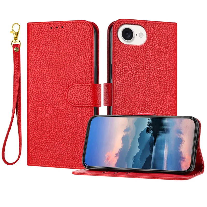 For iPhone 17e / 16e Leather Case Litchi Texture Wallet Stand Anti Drop Phone Cover with Wrist Strap - Red