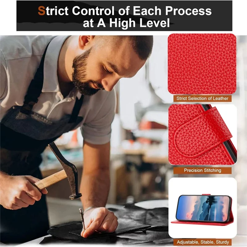 For iPhone 17e / 16e Leather Case Litchi Texture Wallet Stand Anti Drop Phone Cover with Wrist Strap - Red