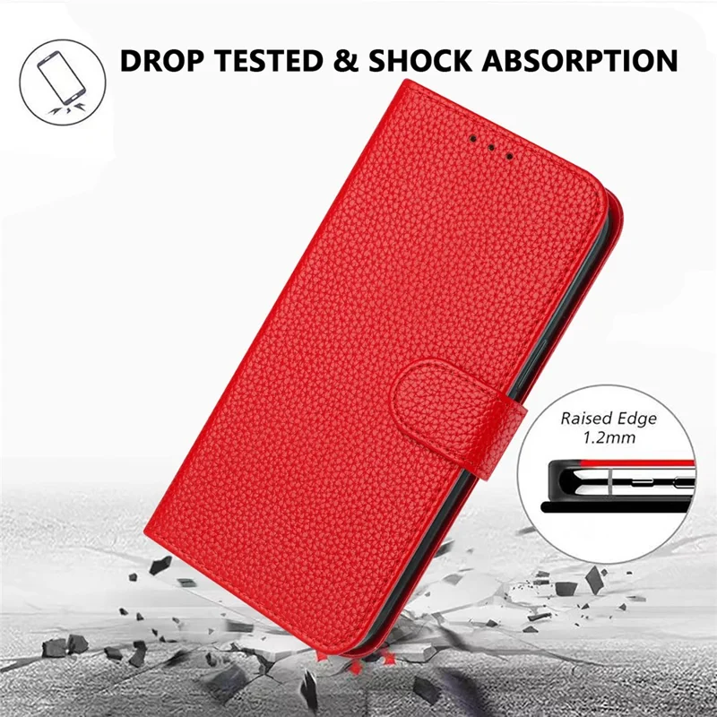 For iPhone 17e / 16e Leather Case Litchi Texture Wallet Stand Anti Drop Phone Cover with Wrist Strap - Red