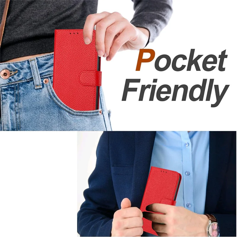 For iPhone 17e / 16e Leather Case Litchi Texture Wallet Stand Anti Drop Phone Cover with Wrist Strap - Red