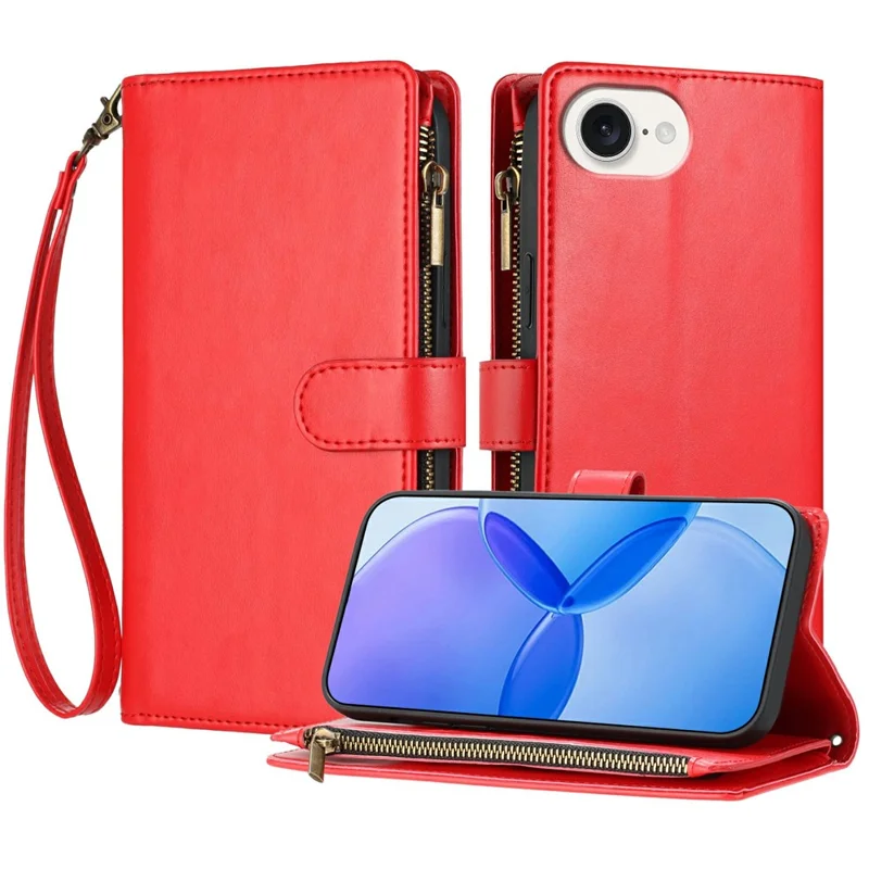 Leer hoesje voor iPhone 16e met portemonnee, standaard, rits en handschoenbandje - Rood