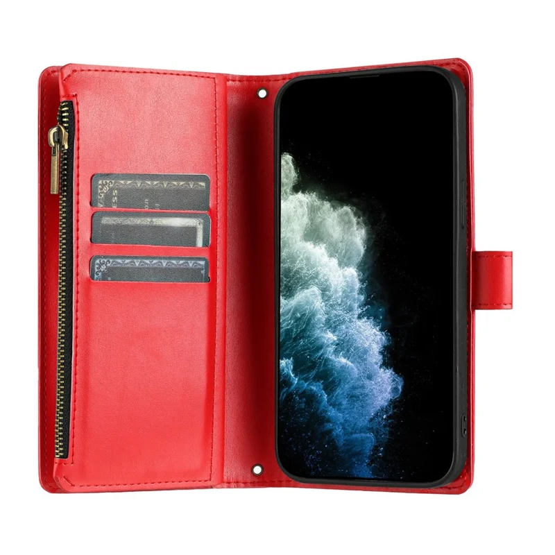 Leer hoesje voor iPhone 16e met portemonnee, standaard, rits en handschoenbandje - Rood