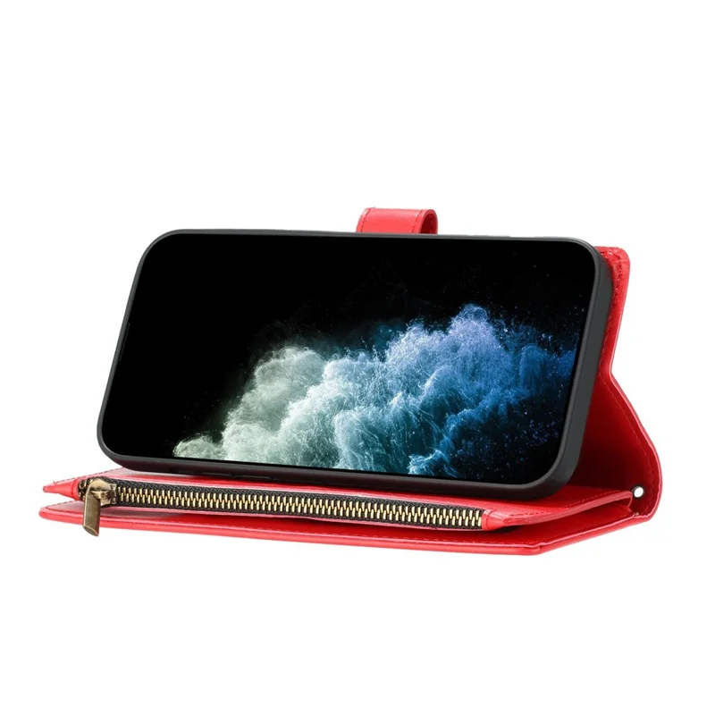 Leer hoesje voor iPhone 16e met portemonnee, standaard, rits en handschoenbandje - Rood
