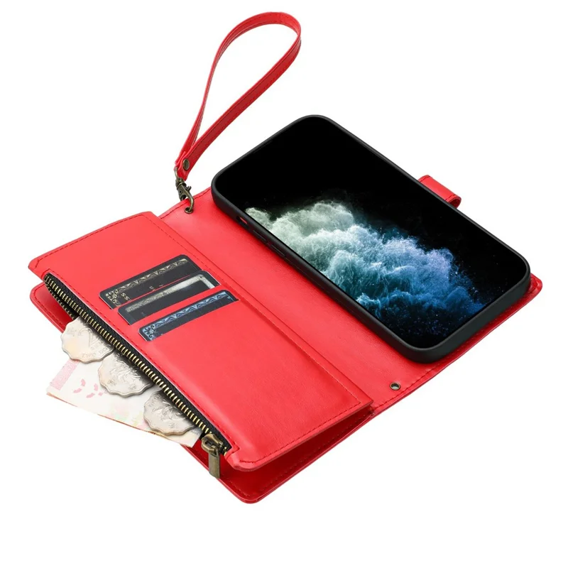 Leer hoesje voor iPhone 16e met portemonnee, standaard, rits en handschoenbandje - Rood