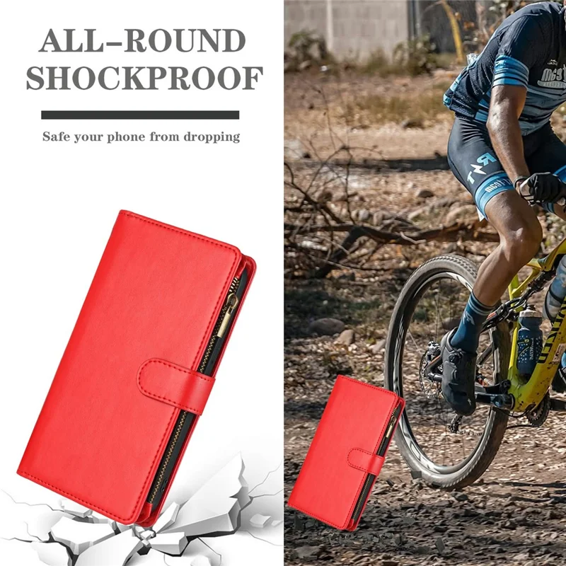 Leer hoesje voor iPhone 16e met portemonnee, standaard, rits en handschoenbandje - Rood