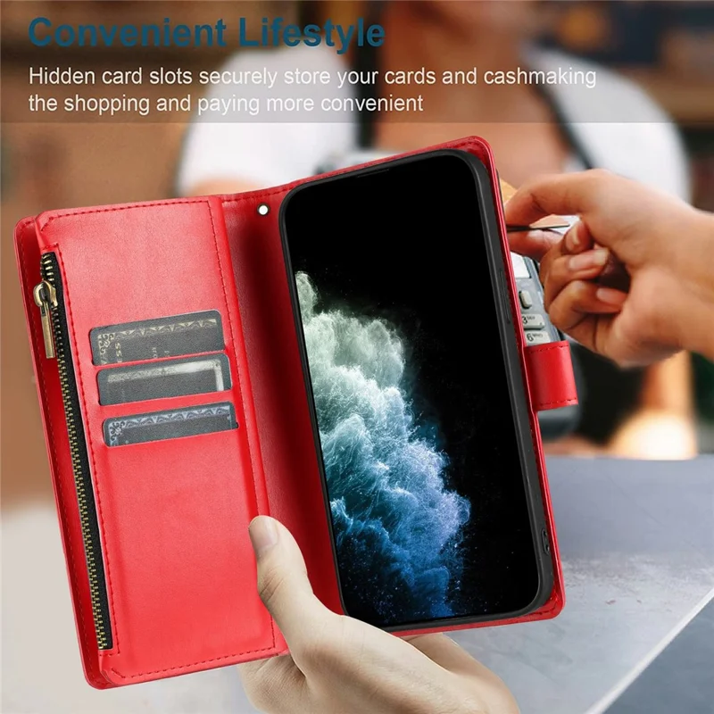 Leer hoesje voor iPhone 16e met portemonnee, standaard, rits en handschoenbandje - Rood