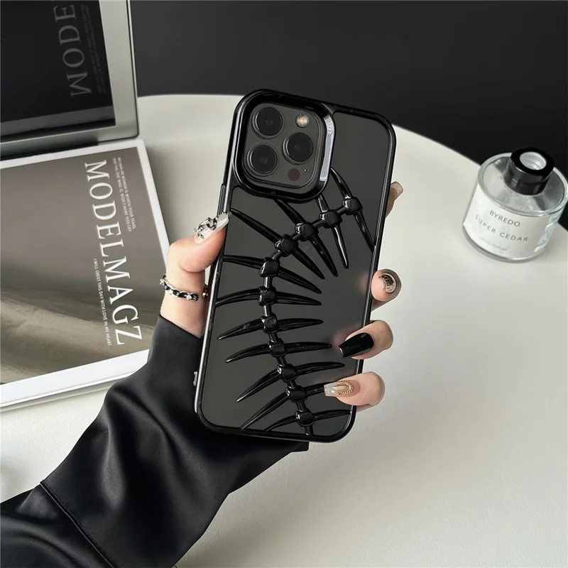 For iPhone 16 Pro Max Case Electroplated TPU Phone Shell Hollow Heat Dissipation Fish Bone Design - Black