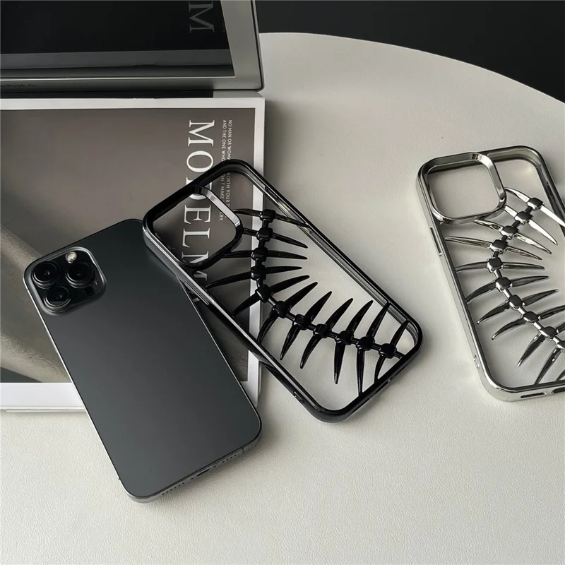 For iPhone 16 Pro Max Case Electroplated TPU Phone Shell Hollow Heat Dissipation Fish Bone Design - Black