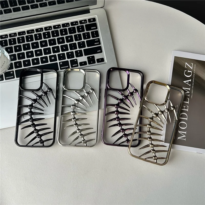 For iPhone 16 Pro Max Case Electroplated TPU Phone Shell Hollow Heat Dissipation Fish Bone Design - Black