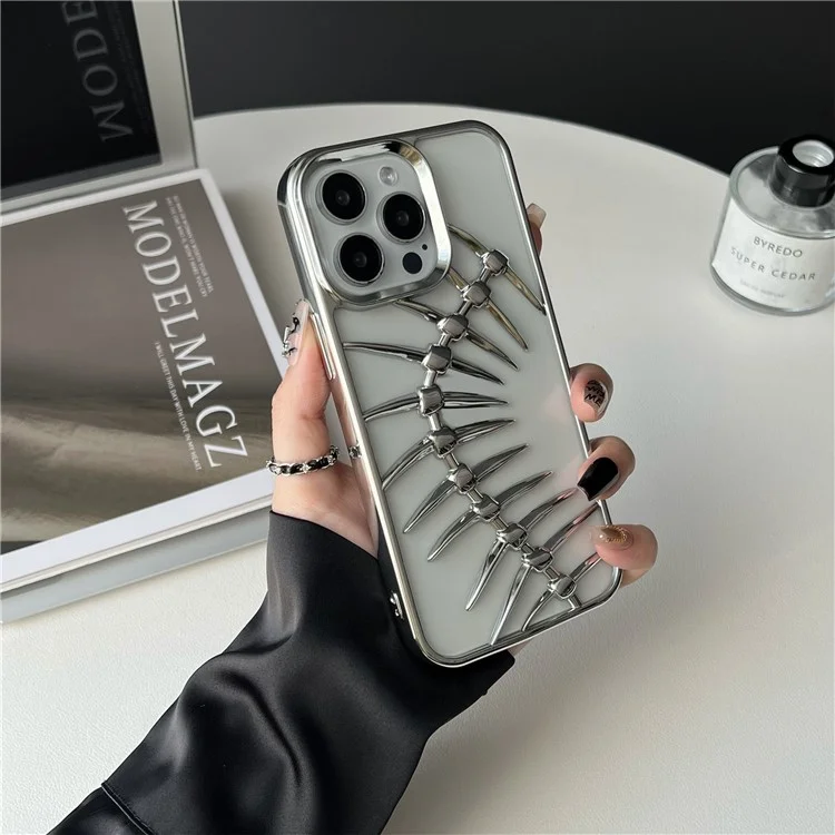 For iPhone 16 Pro Max Case Electroplated TPU Phone Shell Hollow Heat Dissipation Fish Bone Design - Silver