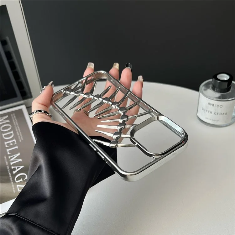 For iPhone 16 Pro Max Case Electroplated TPU Phone Shell Hollow Heat Dissipation Fish Bone Design - Silver