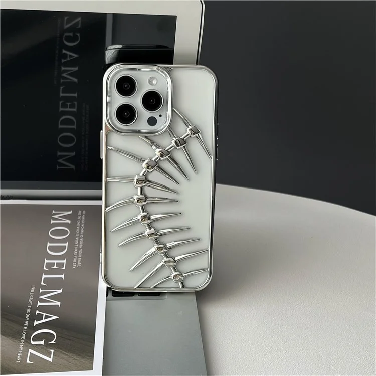 For iPhone 16 Pro Max Case Electroplated TPU Phone Shell Hollow Heat Dissipation Fish Bone Design - Silver
