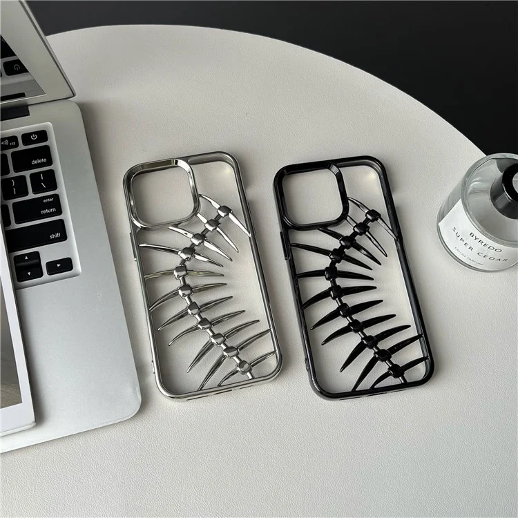 For iPhone 16 Pro Max Case Electroplated TPU Phone Shell Hollow Heat Dissipation Fish Bone Design - Silver