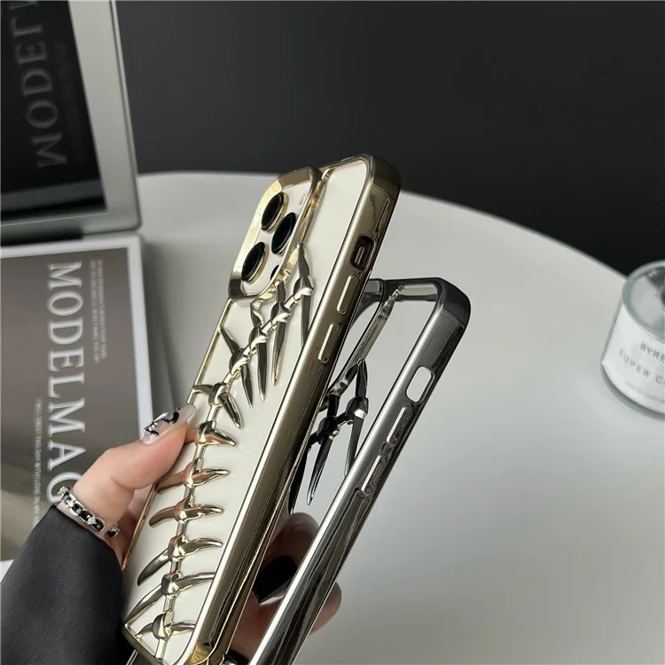For iPhone 16 Pro Max Case Electroplated TPU Phone Shell Hollow Heat Dissipation Fish Bone Design - Silver