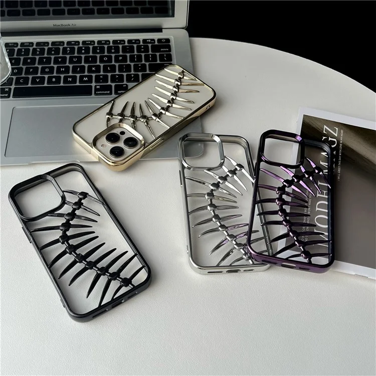 For iPhone 16 Pro Max Case Electroplated TPU Phone Shell Hollow Heat Dissipation Fish Bone Design - Silver