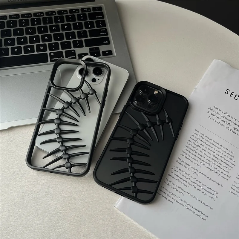 For iPhone 16 Pro Max Case Matte TPU Phone Shell Hollow Heat Dissipation Fish Bone Design - Black