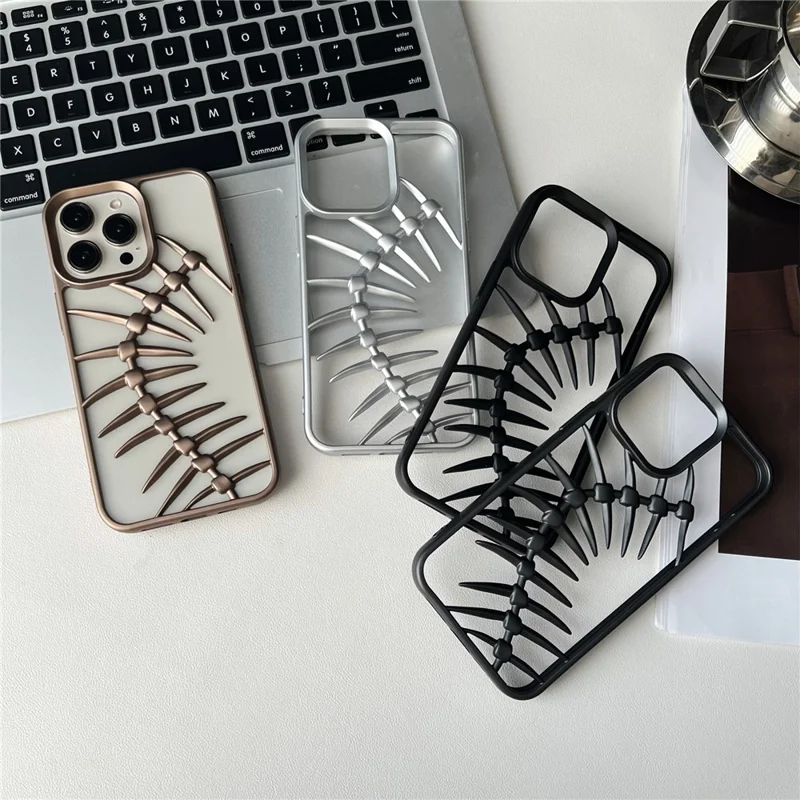 For iPhone 16 Pro Max Case Matte TPU Phone Shell Hollow Heat Dissipation Fish Bone Design - Black