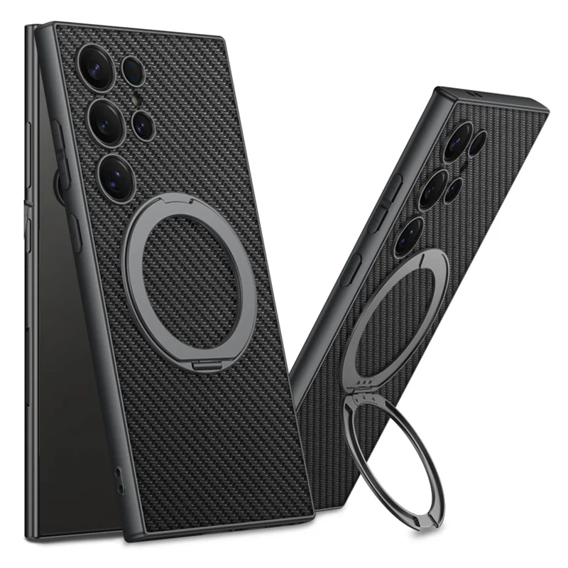 GKK For Samsung Galaxy S23 Ultra Magnetic Case PU + TPU + PC Phone Back Cover with Kickstand - Carbon Fiber Texture