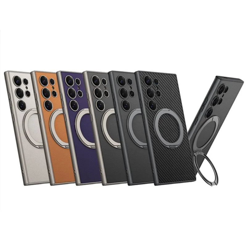 GKK For Samsung Galaxy S23 Ultra Magnetic Case PU + TPU + PC Phone Back Cover with Kickstand - Carbon Fiber Texture