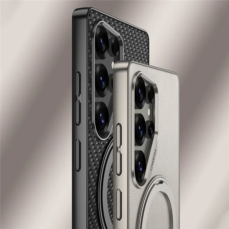 GKK For Samsung Galaxy S24 Ultra Magnetic Case Large Lens Cutout PU + TPU + PC Kickstand Phone Cover - Carbon Fiber Texture