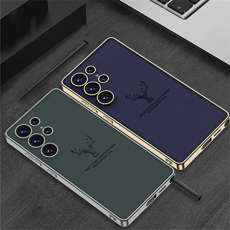 GKK For Samsung Galaxy S25 Ultra Case Deer Pattern Electroplating TPU + PC + PU Phone Back Cover - Black