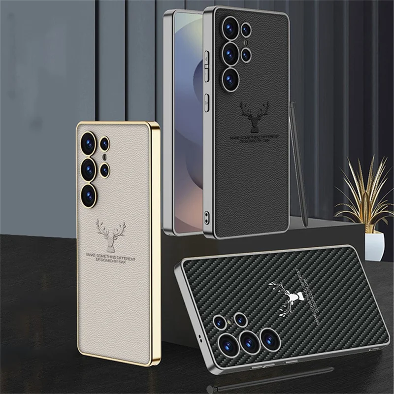 GKK For Samsung Galaxy S25 Ultra Case Deer Pattern Electroplating TPU + PC + PU Phone Back Cover - Black