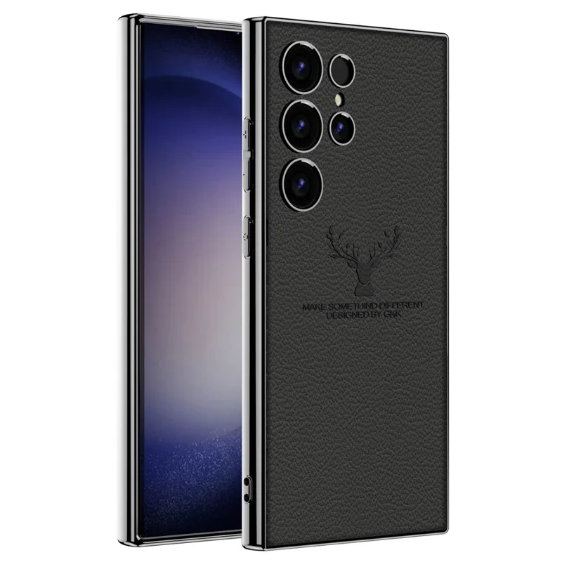 GKK For Samsung Galaxy S23 Ultra Case Deer Pattern Electroplating TPU + PC + PU Phone Back Cover - Black