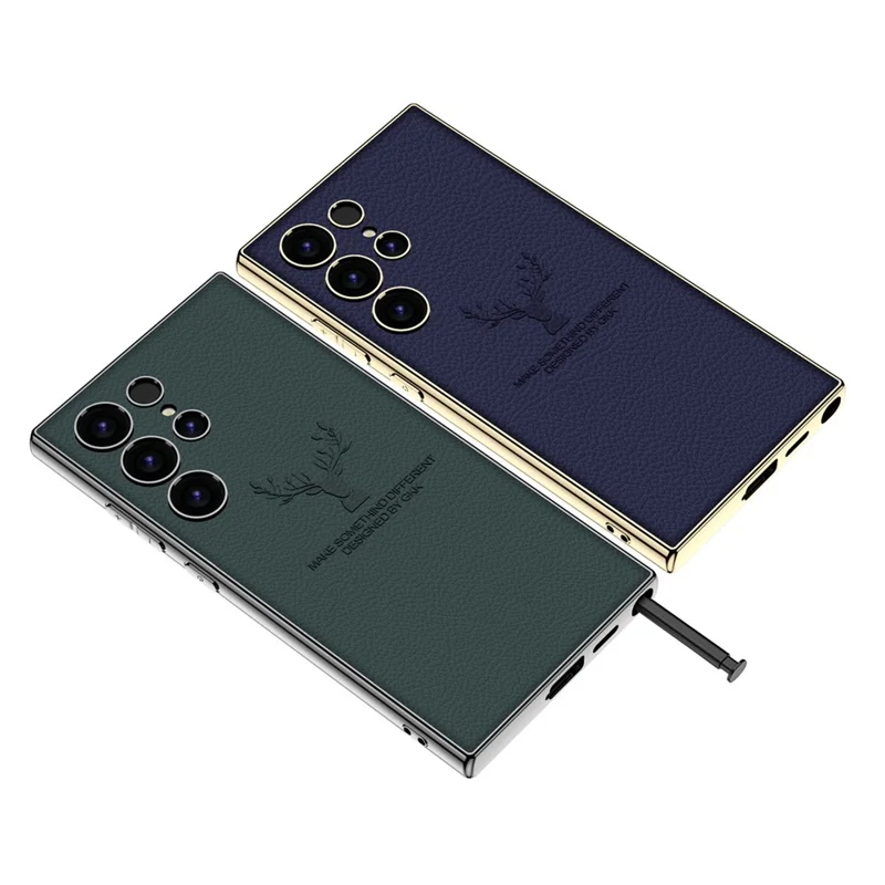 GKK For Samsung Galaxy S23 Ultra Case Deer Pattern Electroplating TPU + PC + PU Phone Back Cover - Black