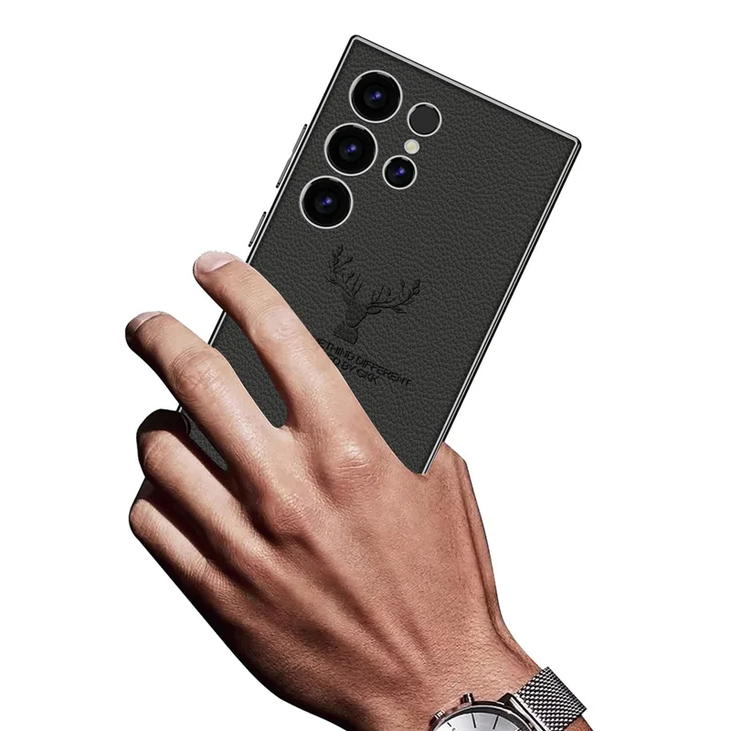 GKK For Samsung Galaxy S23 Ultra Case Deer Pattern Electroplating TPU + PC + PU Phone Back Cover - Black