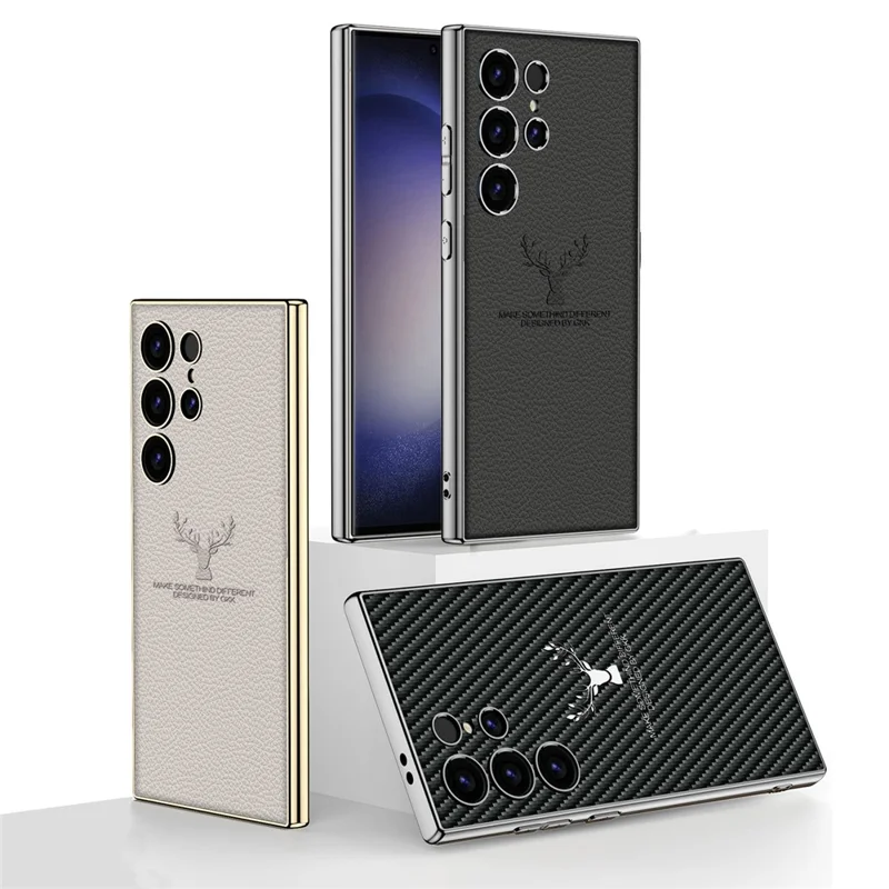 GKK For Samsung Galaxy S23 Ultra Case Deer Pattern Electroplating TPU + PC + PU Phone Back Cover - Black