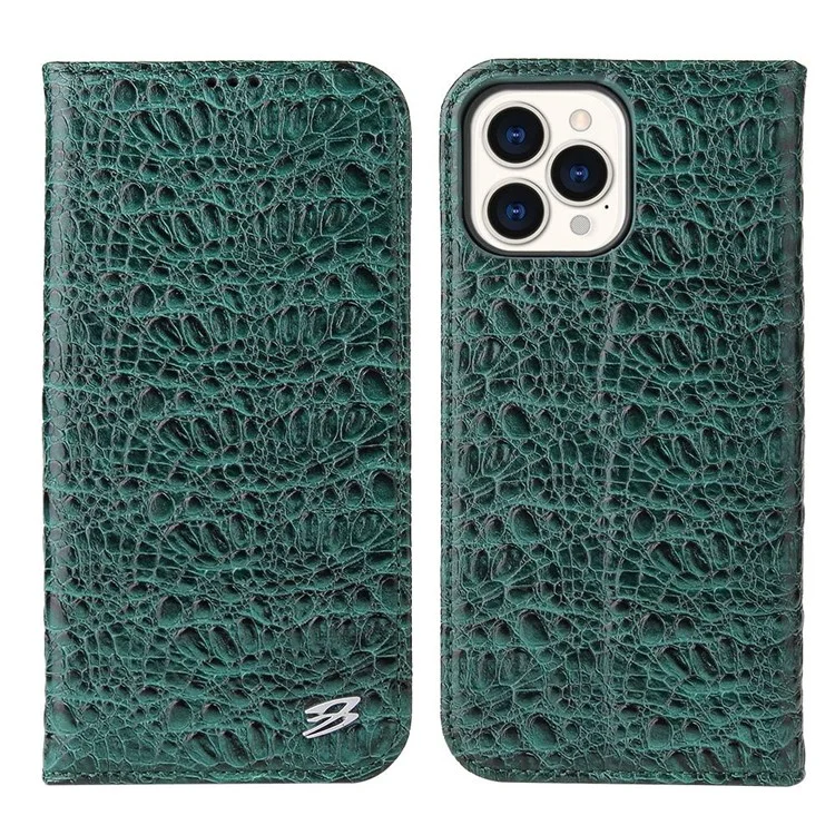 Anti-fall-telefonhülle Für Iphone 14 Pro, Top-layer Cowide Leder Crocodile Textur Handy Brieftasche Abdeckung Mit Faltbarem Ständer - Grün
