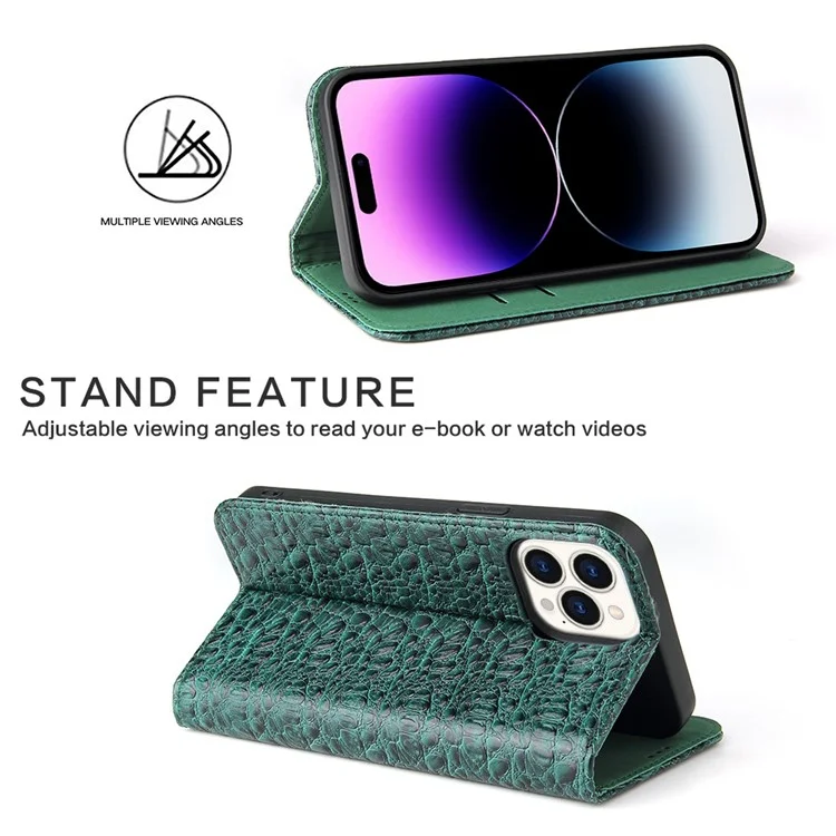 Anti-fall-telefonhülle Für Iphone 14 Pro, Top-layer Cowide Leder Crocodile Textur Handy Brieftasche Abdeckung Mit Faltbarem Ständer - Grün