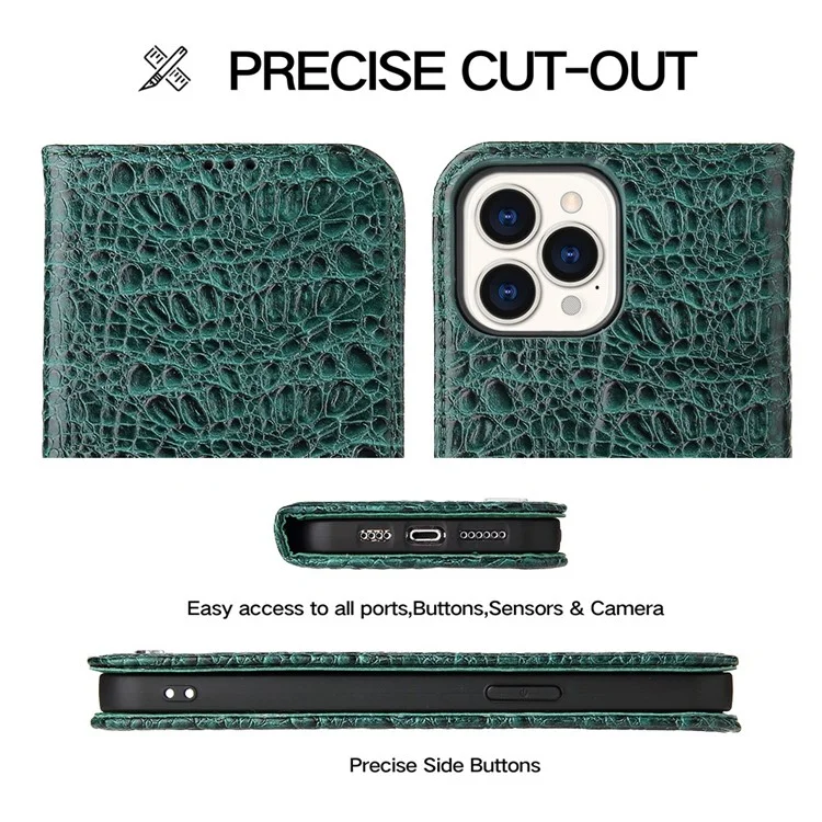 Anti-fall-telefonhülle Für Iphone 14 Pro, Top-layer Cowide Leder Crocodile Textur Handy Brieftasche Abdeckung Mit Faltbarem Ständer - Grün