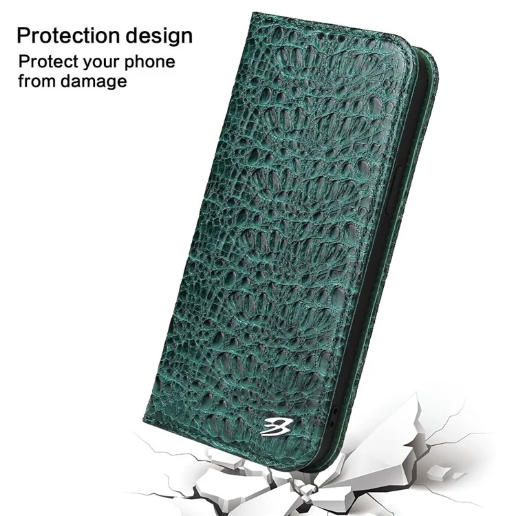 Anti-fall-telefonhülle Für Iphone 14 Pro, Top-layer Cowide Leder Crocodile Textur Handy Brieftasche Abdeckung Mit Faltbarem Ständer - Grün
