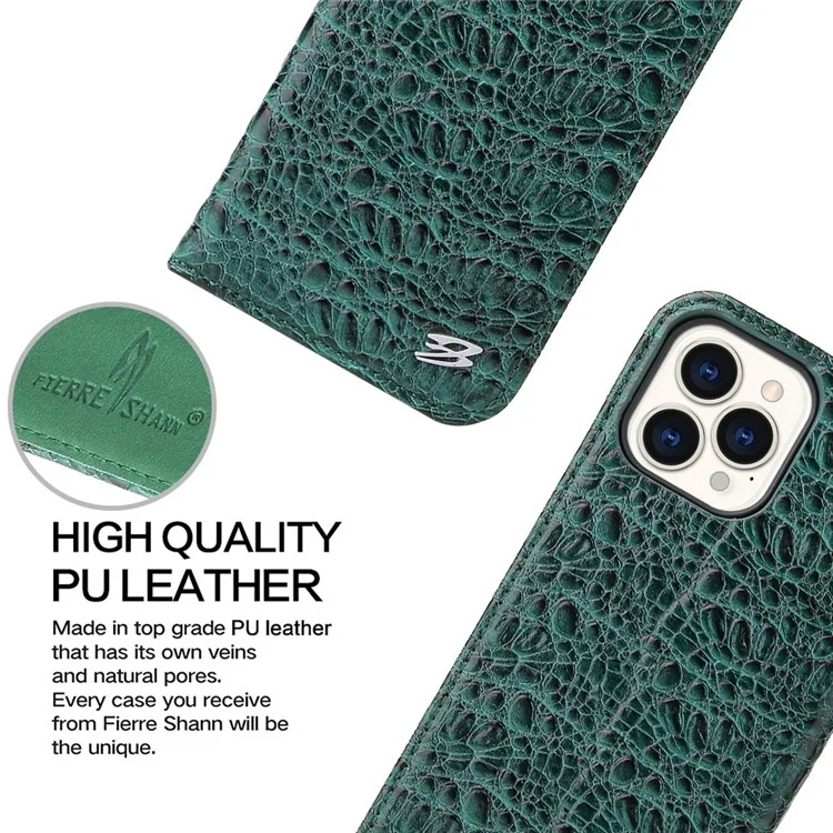 Anti-fall-telefonhülle Für Iphone 14 Pro, Top-layer Cowide Leder Crocodile Textur Handy Brieftasche Abdeckung Mit Faltbarem Ständer - Grün