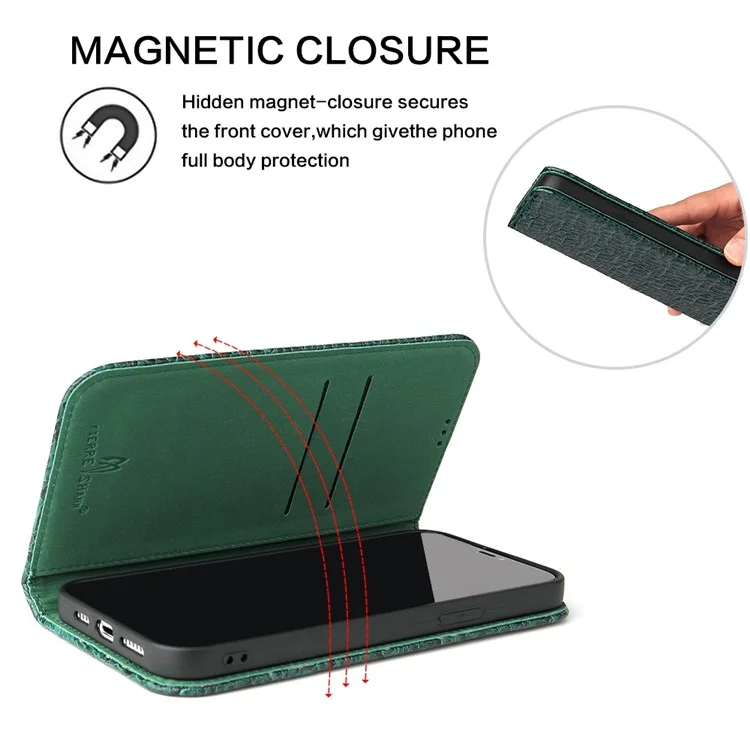 Anti-fall-telefonhülle Für Iphone 14 Pro, Top-layer Cowide Leder Crocodile Textur Handy Brieftasche Abdeckung Mit Faltbarem Ständer - Grün