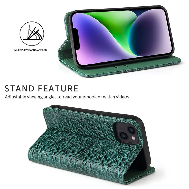Pour Iphone 14 Plus Auto-absorbed Magnetic Phone Byle Byleft Stand Anti-scratch Top Top Coue Coue Coupure de Téléphone Portable Crocodile Crocodile Crocodile - Vert