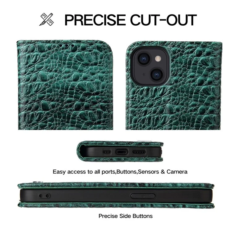 Pour Iphone 14 Plus Auto-absorbed Magnetic Phone Byle Byleft Stand Anti-scratch Top Top Coue Coue Coupure de Téléphone Portable Crocodile Crocodile Crocodile - Vert