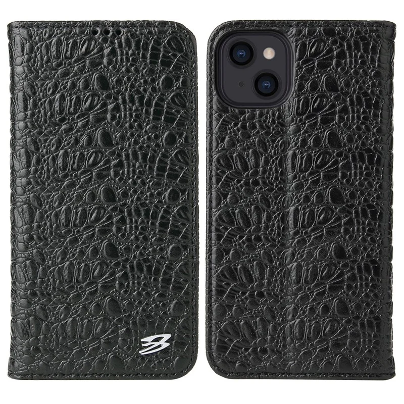 For iPhone 14 Plus Auto-absorbed Magnetic Phone Case Wallet Stand Anti-scratch Top Layer Cowhide Leather Crocodile Texture Cell Phone Cover - Black