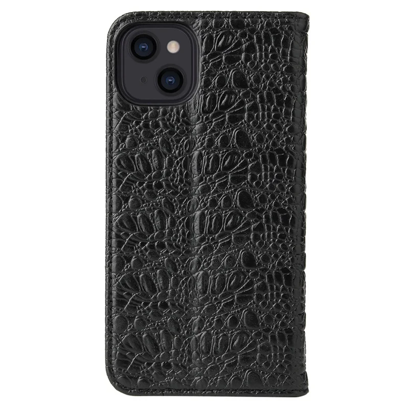 For iPhone 14 Plus Auto-absorbed Magnetic Phone Case Wallet Stand Anti-scratch Top Layer Cowhide Leather Crocodile Texture Cell Phone Cover - Black