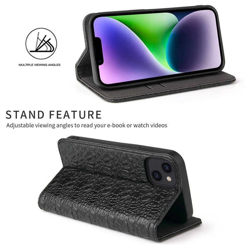 For iPhone 14 Plus Auto-absorbed Magnetic Phone Case Wallet Stand Anti-scratch Top Layer Cowhide Leather Crocodile Texture Cell Phone Cover - Black