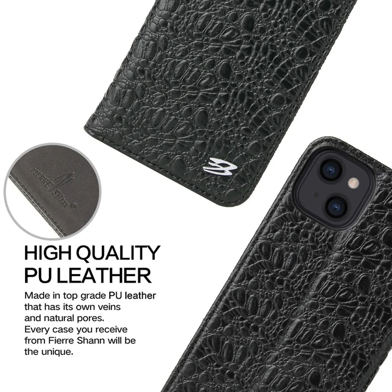 For iPhone 14 Plus Auto-absorbed Magnetic Phone Case Wallet Stand Anti-scratch Top Layer Cowhide Leather Crocodile Texture Cell Phone Cover - Black