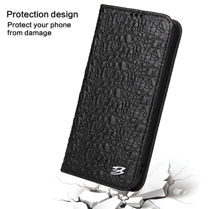For iPhone 14 Plus Auto-absorbed Magnetic Phone Case Wallet Stand Anti-scratch Top Layer Cowhide Leather Crocodile Texture Cell Phone Cover - Black